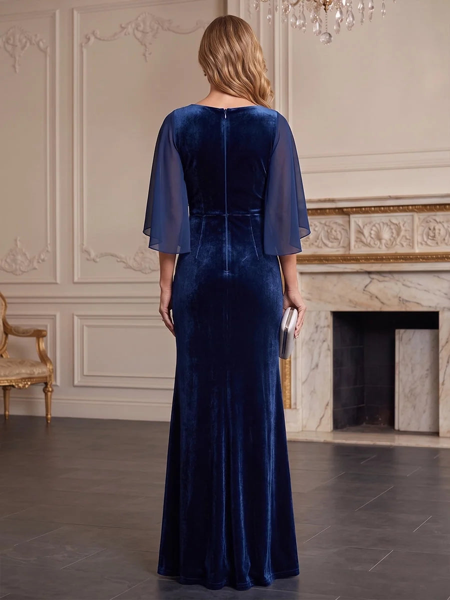 Navy floor-length mother of the bride dress, alternate view showing the bodice and skirt
