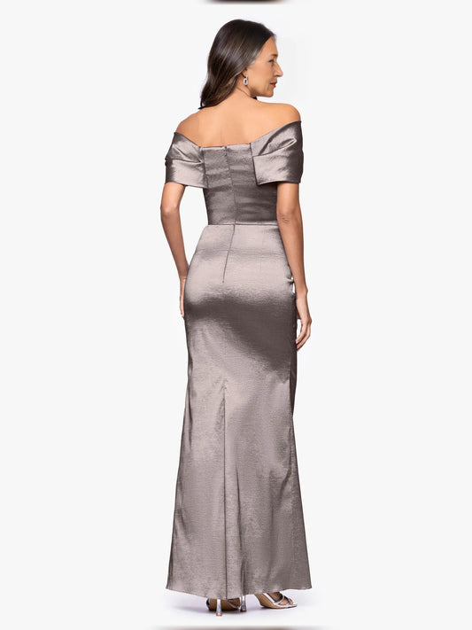 Taupe floor-length mother of the bride dress, alternate view showing the bodice and skirt