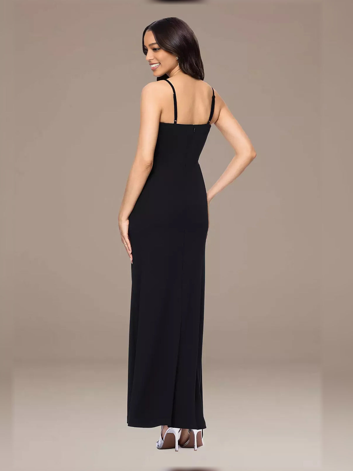 Black sheath floor-length formal dress with beading, alternate view