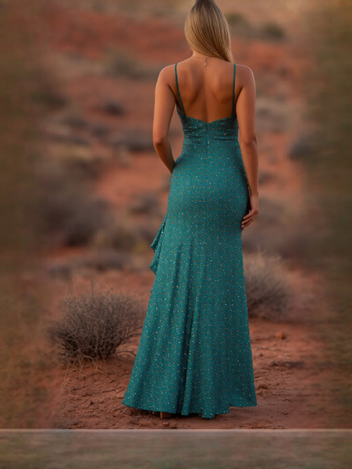 Jade floor-length prom dress, back view showing the rear of the dress