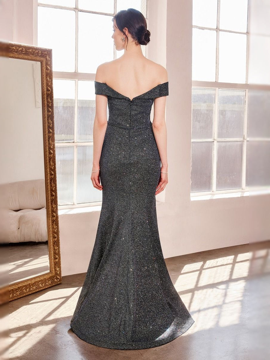 Navy Blue floor-length prom dress, back view showing the rear of the dress