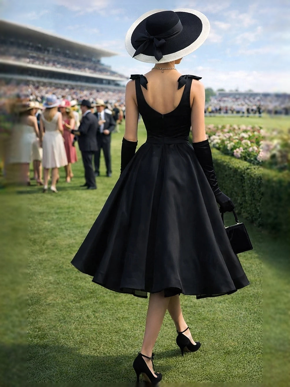 Black tea-length prom dress, alternate view showing the bodice and skirt