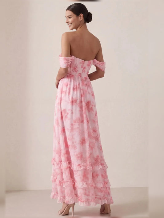 Floral a-line maxi formal dress with tiered skirt, alternate view