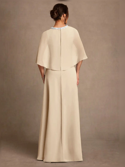 Champagne maxi mother of the bride dress, alternate view showing the bodice and skirt