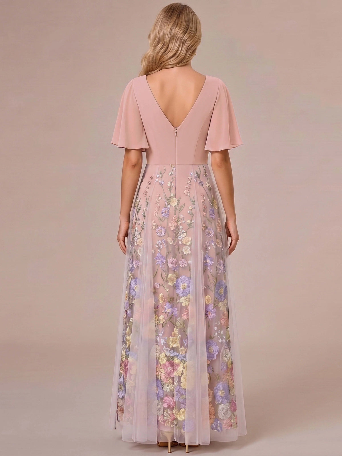 Dusty Rose floor-length mother of the bride dress, alternate view showing the bodice and skirt