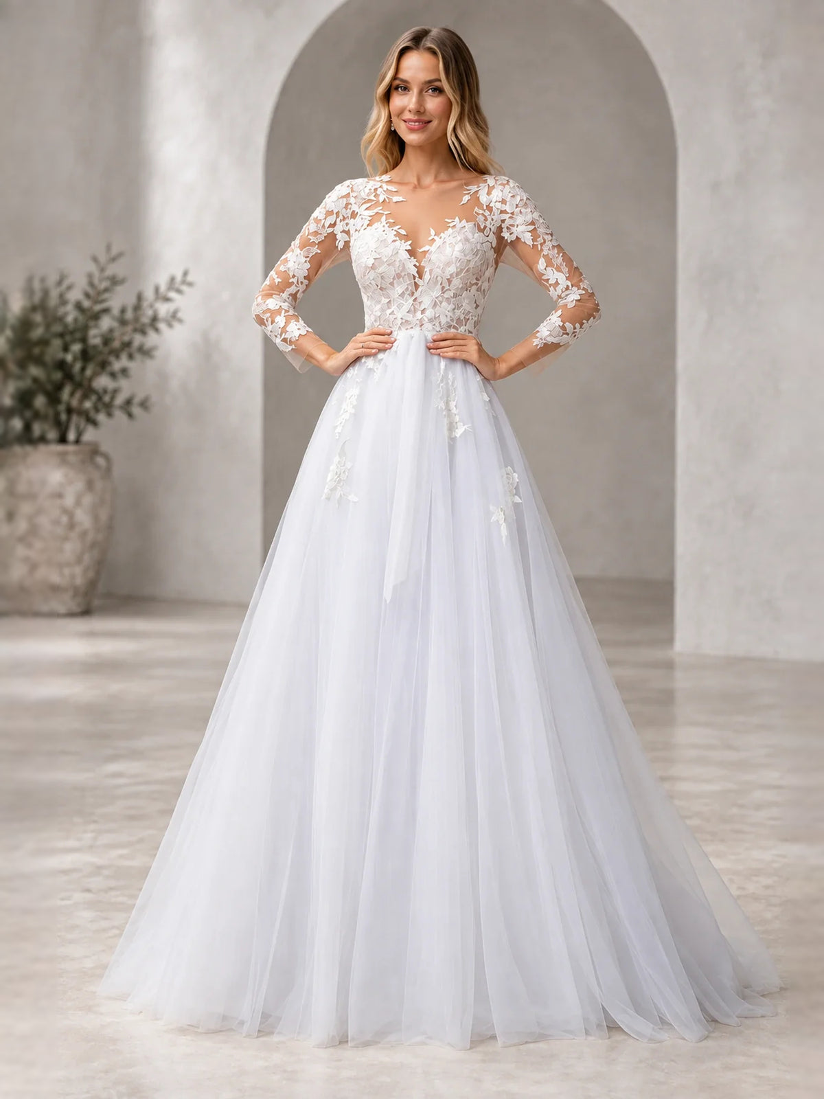 White floor-length wedding dress, alternate view showing the bodice and skirt