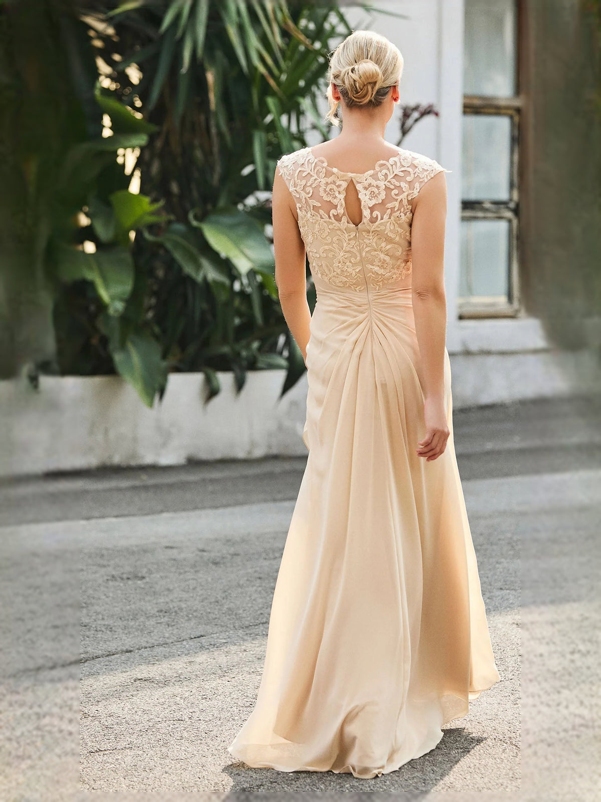 Champagne maxi prom dress, alternate view showing the bodice and skirt