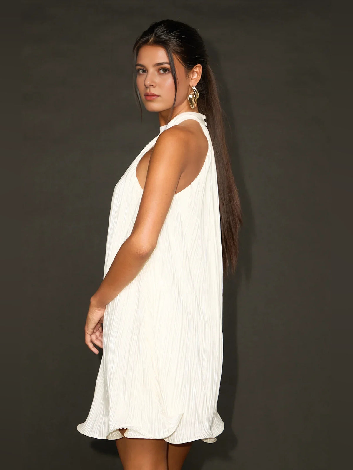 Ivory white mini homecoming dress, back view showing the rear of the dress