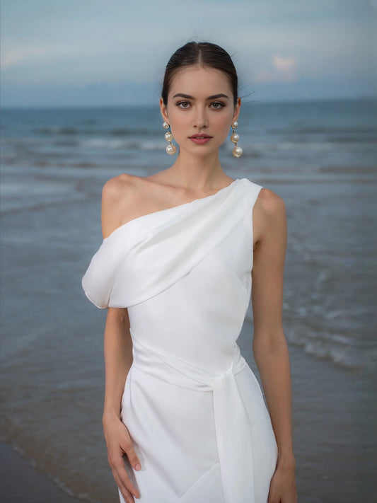 Ivory floor-length wedding dress, alternate view showing the bodice and skirt