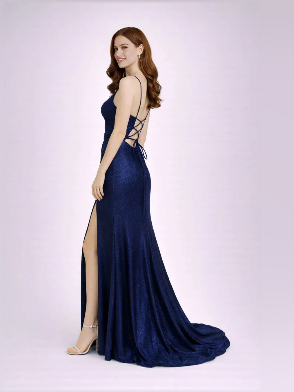 Navy Blue mermaid floor-length formal dress with draping, alternate view