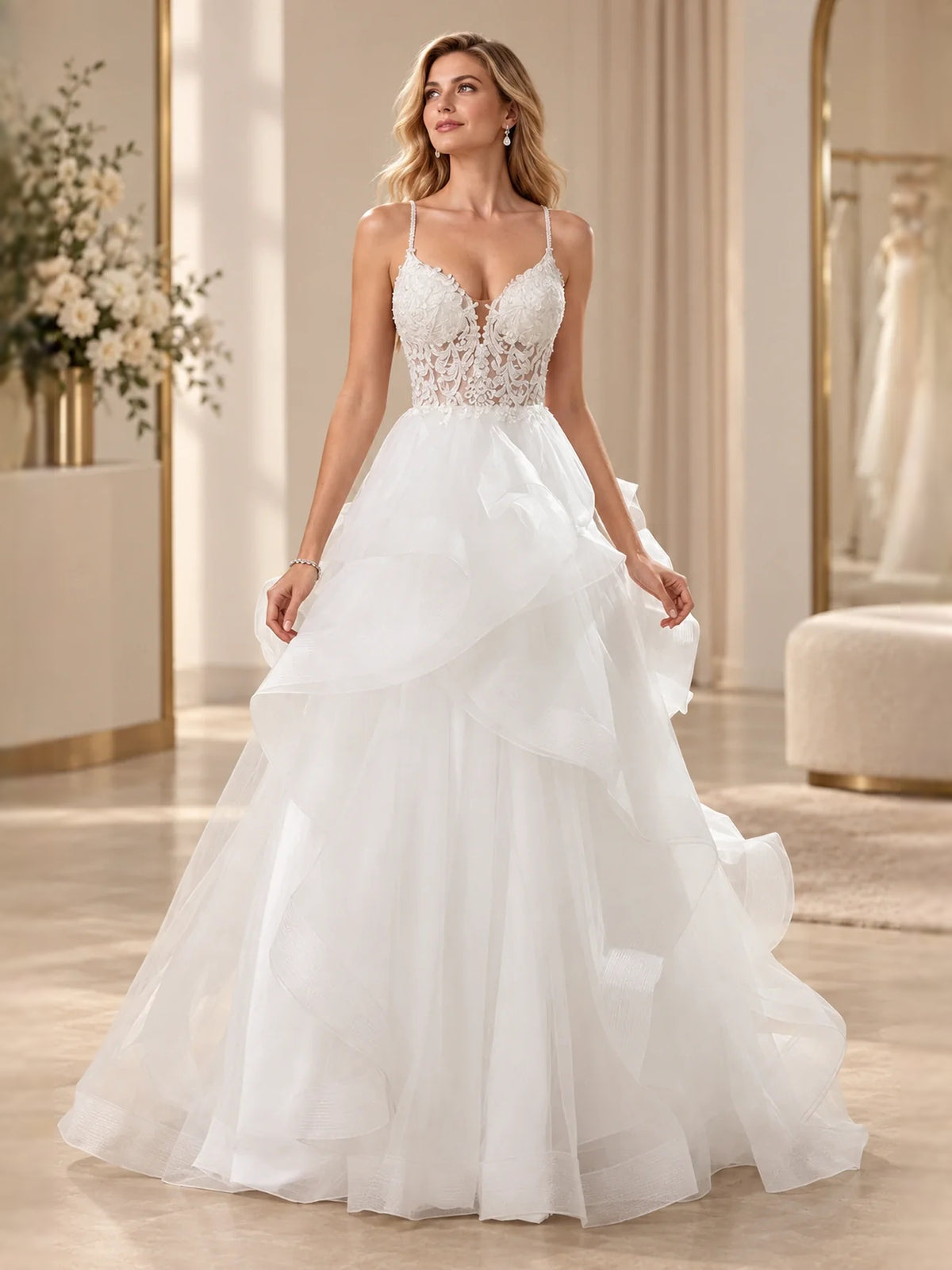 Ivory floor-length wedding dress, alternate view showing the bodice and skirt