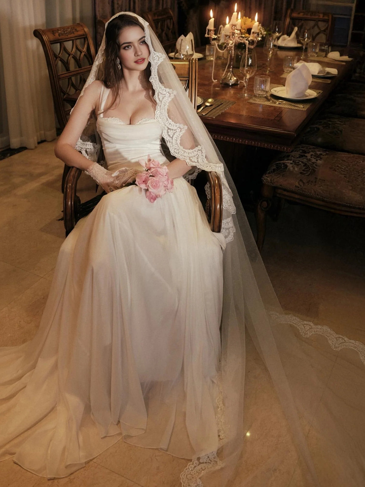 Ivory floor-length wedding dress, alternate view showing the bodice and skirt