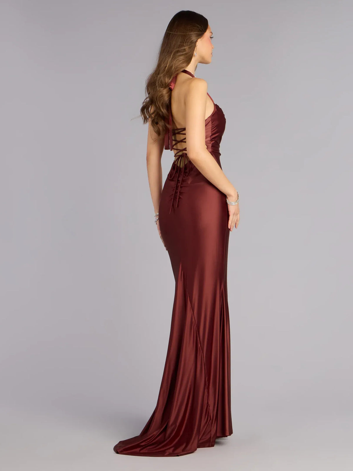 Brown mermaid floor-length formal dress with corset-style bodice, alternate view