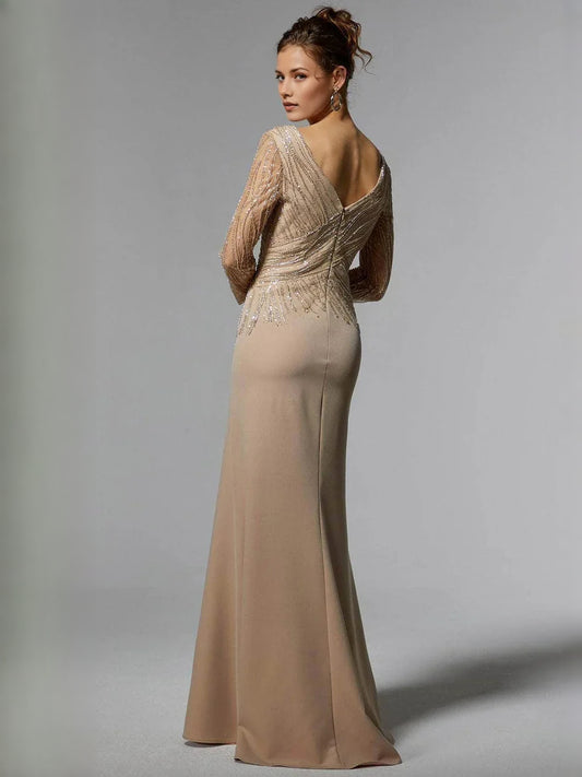 Champagne a-line floor-length formal dress with corset-style bodice, alternate view