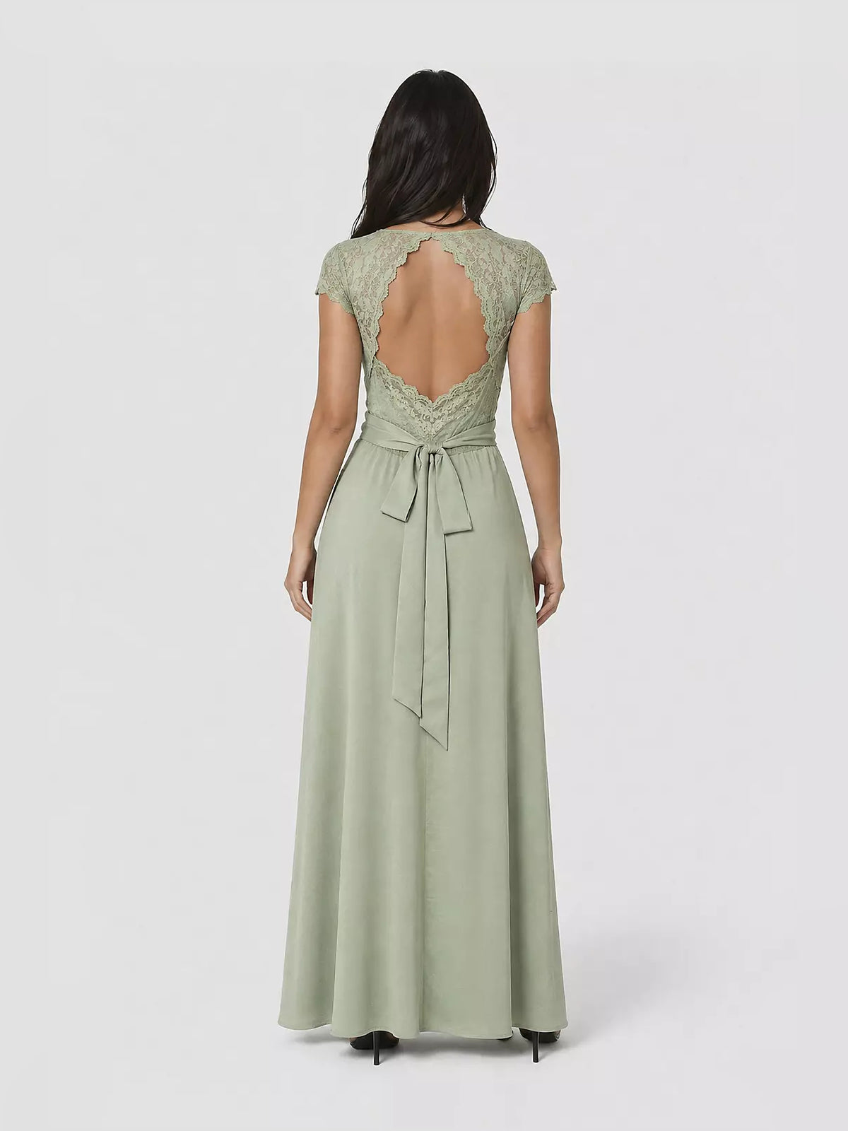 Celadon floor-length bridesmaid dress, alternate view showing the bodice and skirt