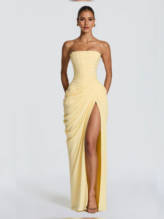 Pale Lemon a-line floor-length formal dress with skirt slit, alternate view