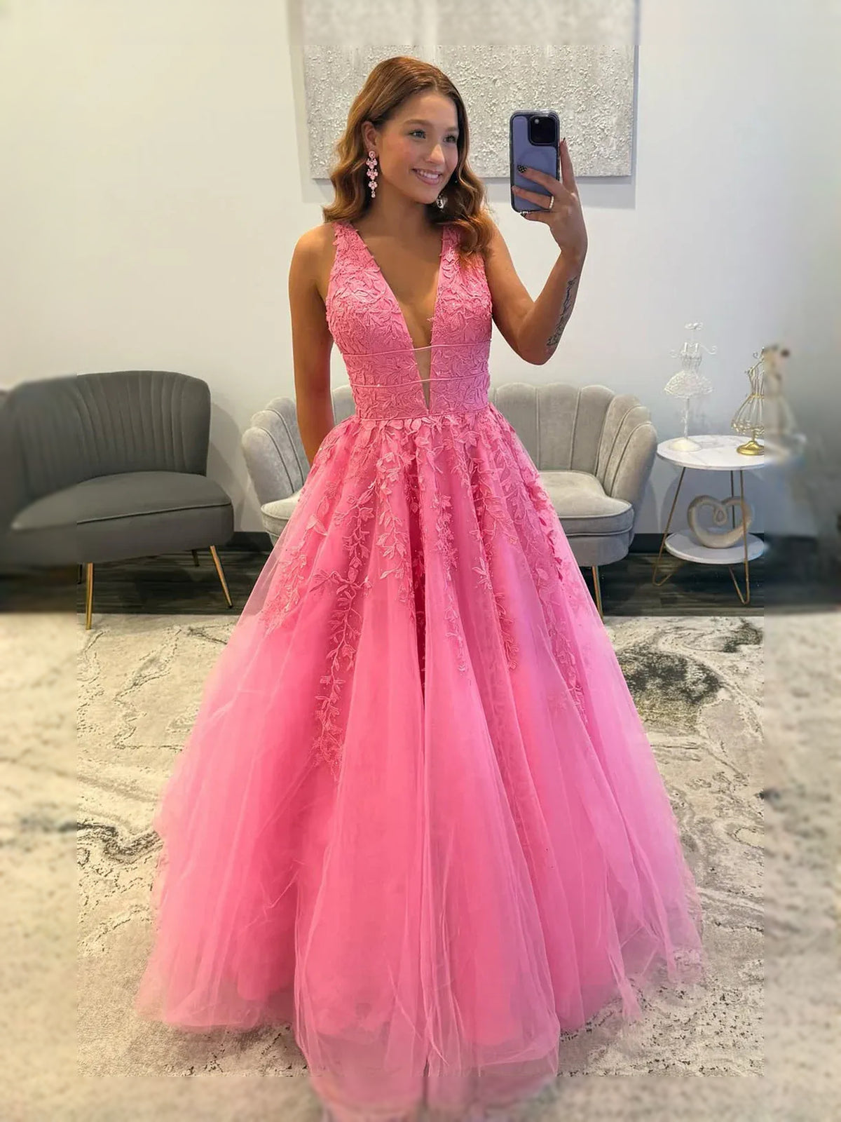 Pink floor-length prom dress, alternate view showing the bodice and skirt