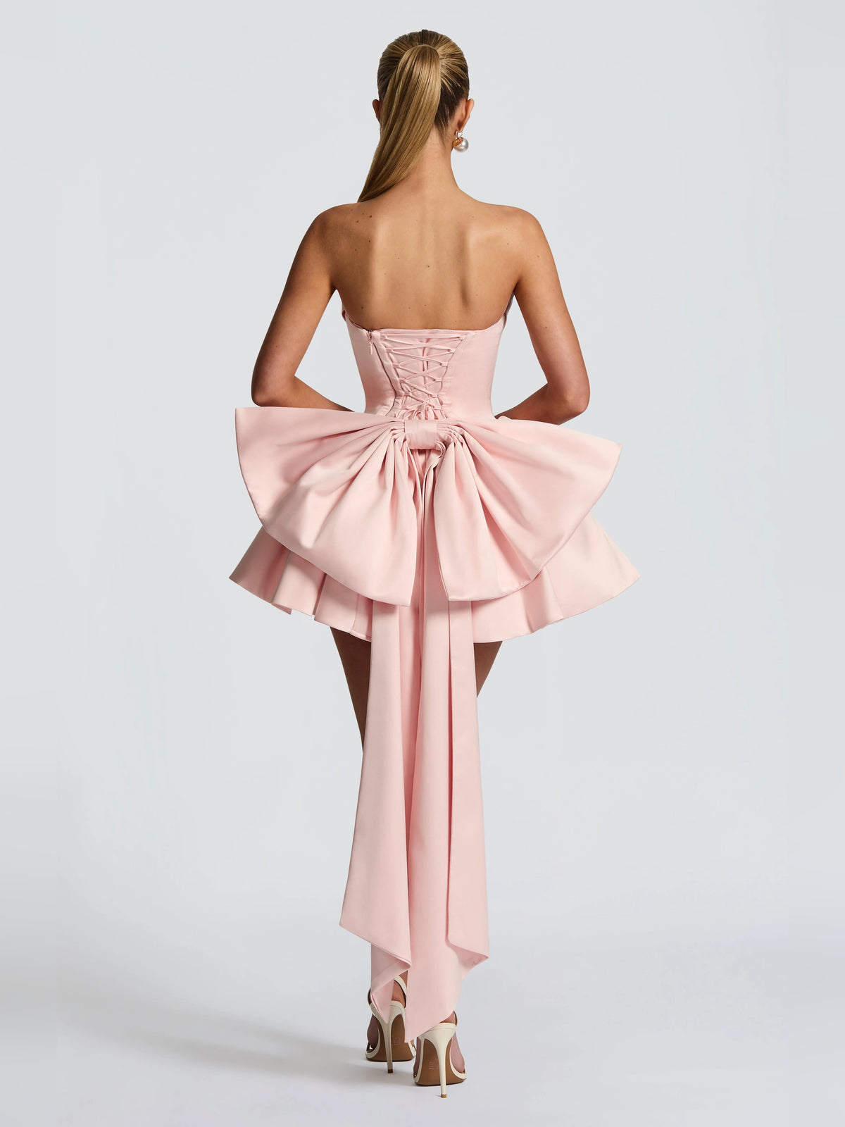 Blush mini homecoming dress, alternate view showing the bodice and skirt
