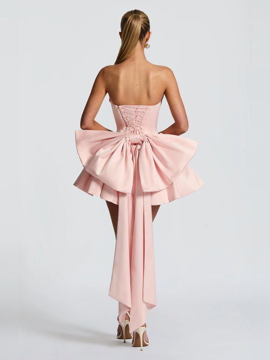 Blush mini homecoming dress, alternate view showing the bodice and skirt