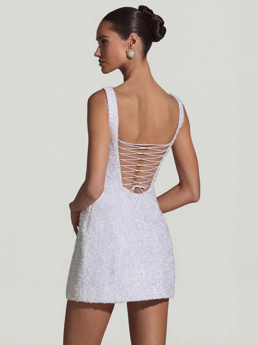 White mini homecoming dress, alternate view showing the bodice and skirt