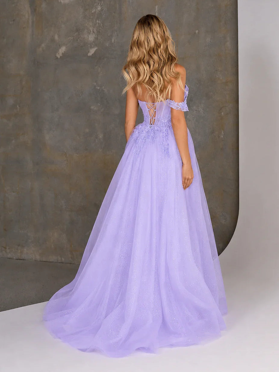 Lilac floor-length prom dress, back view showing the rear of the dress