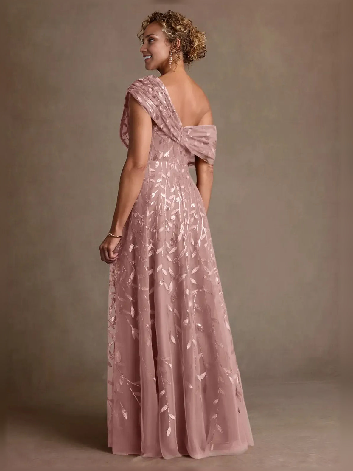 Dusty Rose short mother of the bride dress, alternate view showing the bodice and skirt