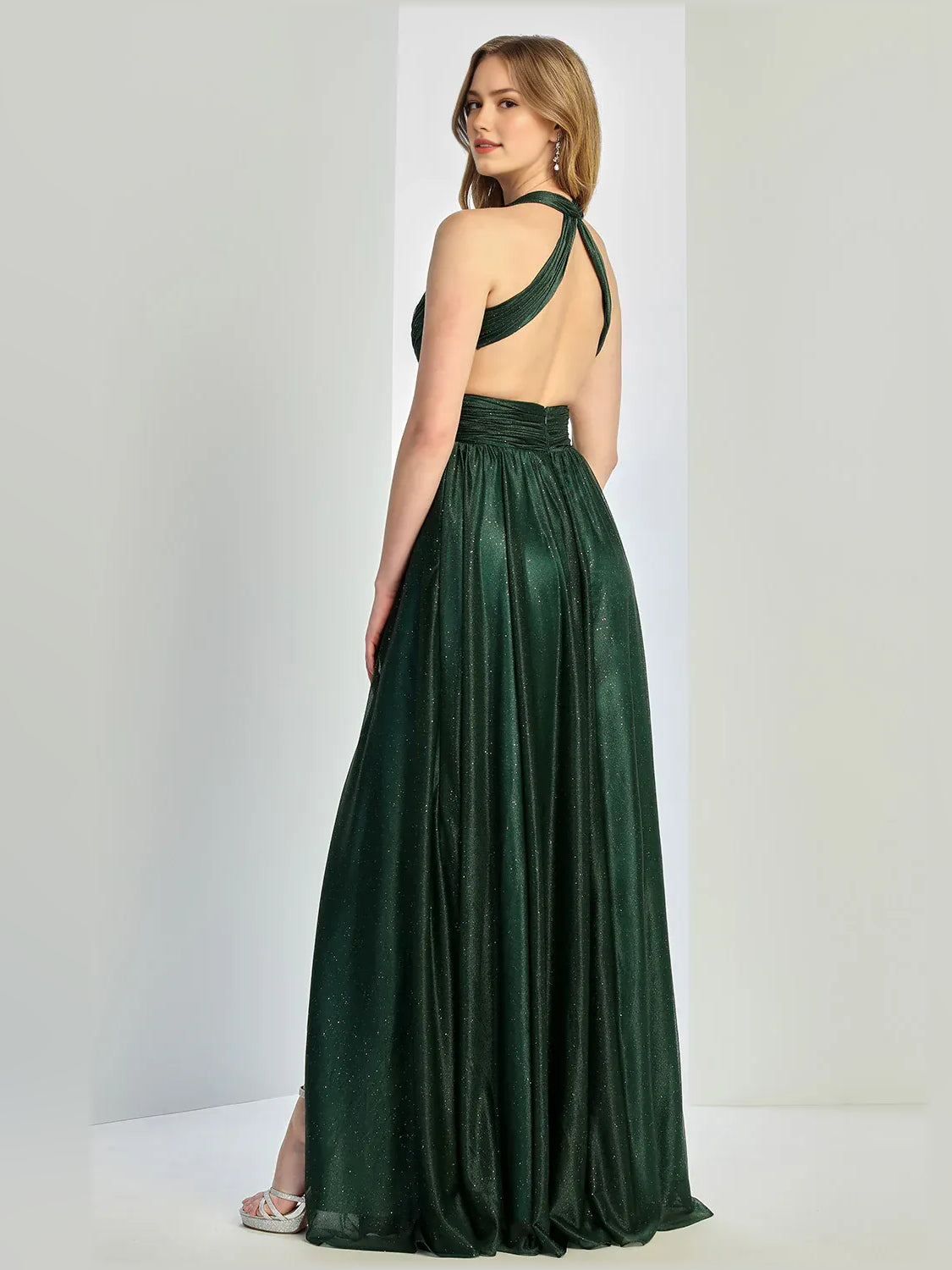 Dark Green a-line floor-length formal dress with skirt slit, alternate view