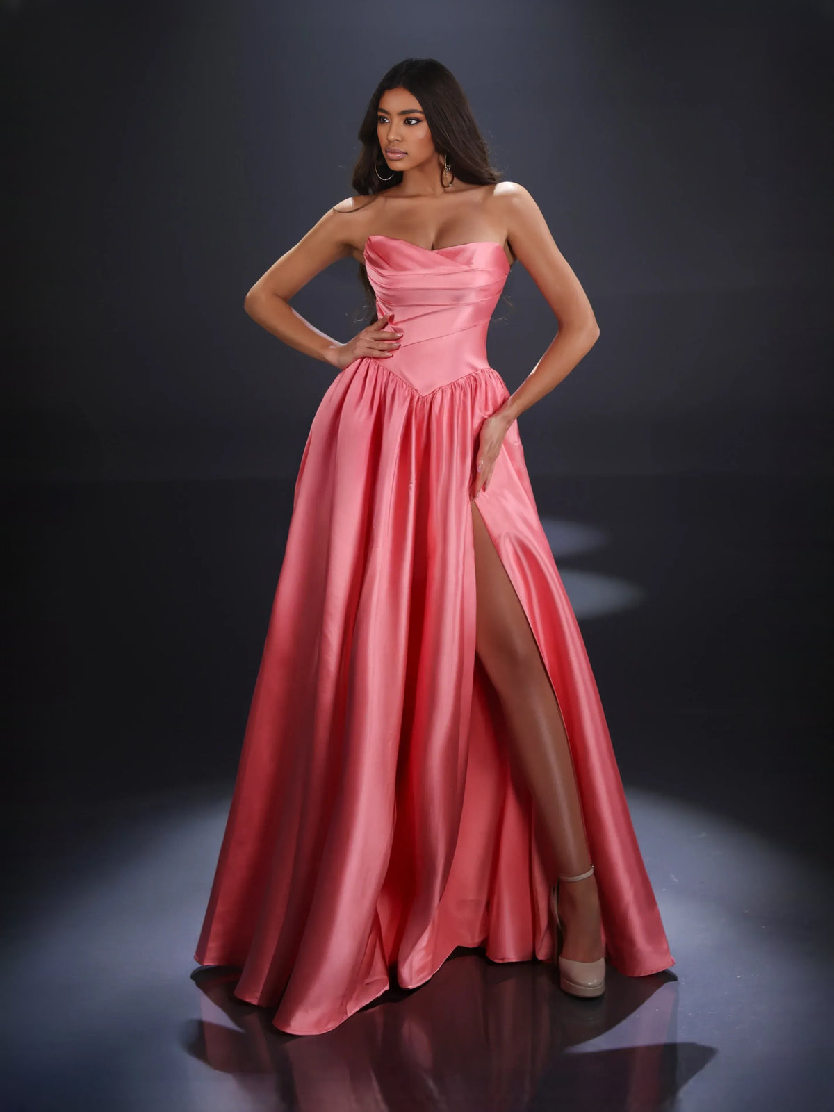 Watermelon floor-length prom dress, alternate view showing the bodice and skirt