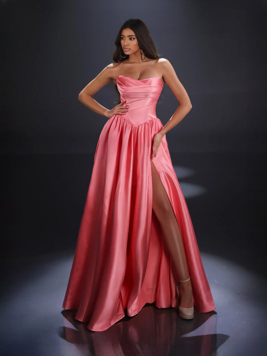 Watermelon floor-length prom dress, alternate view showing the bodice and skirt