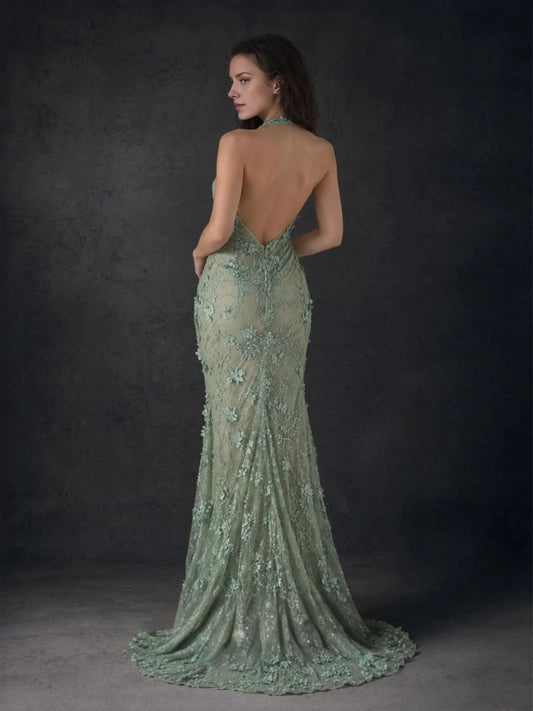 Sage Green mermaid floor-length formal dress with ruching, alternate view