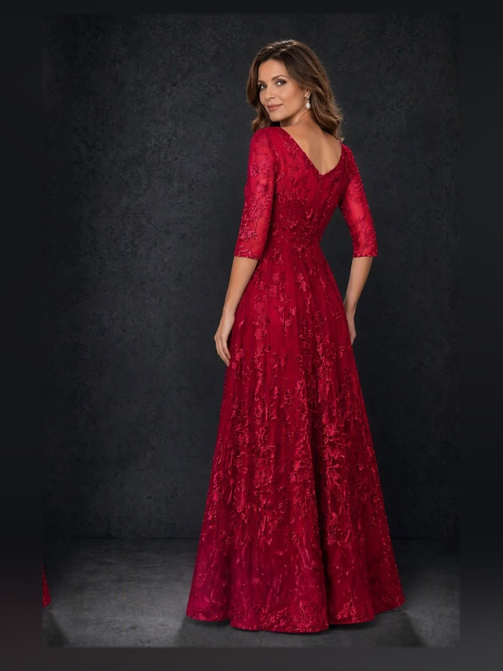 Deep Red floor-length mother of the bride dress, alternate view showing the bodice and skirt
