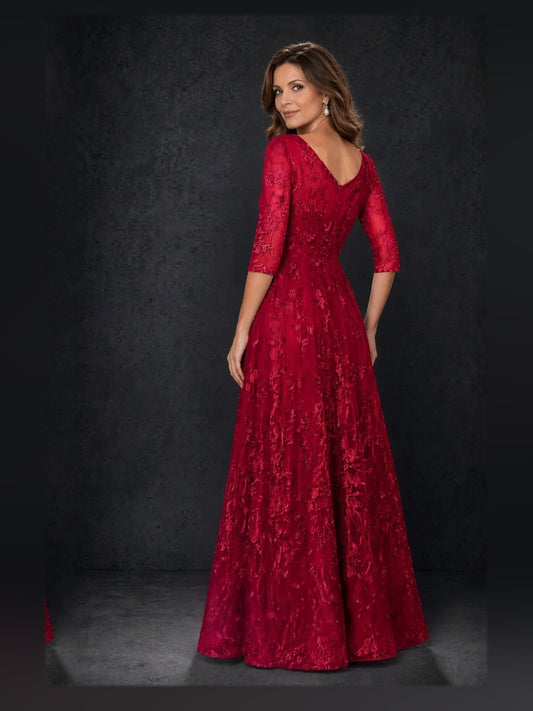 Deep Red floor-length mother of the bride dress, alternate view showing the bodice and skirt