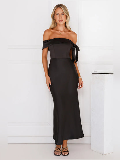 Black midi formal dress with off-the-shoulder neckline, alternate view