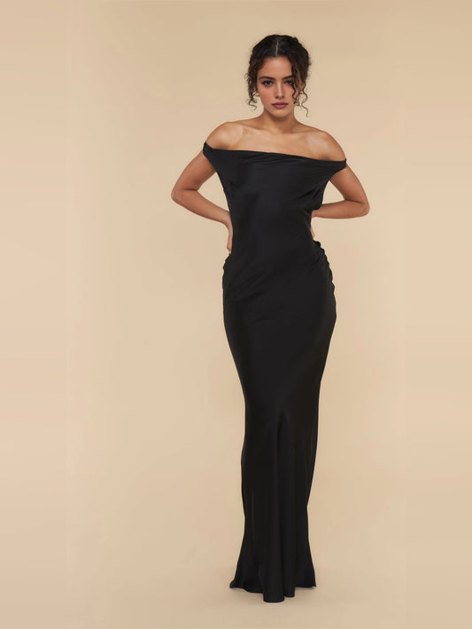 Dark Blue maxi prom dress, alternate view showing the bodice and skirt