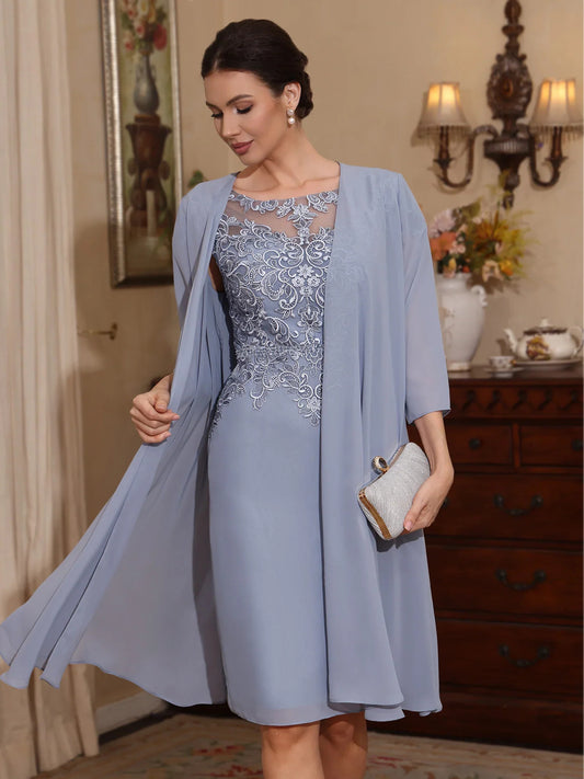 Dusty Blue knee-length mother of the bride dress, alternate view showing the bodice and skirt