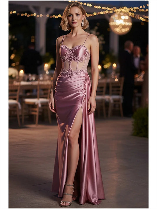 Rose Gold floor-length prom dress, back view showing the rear of the dress