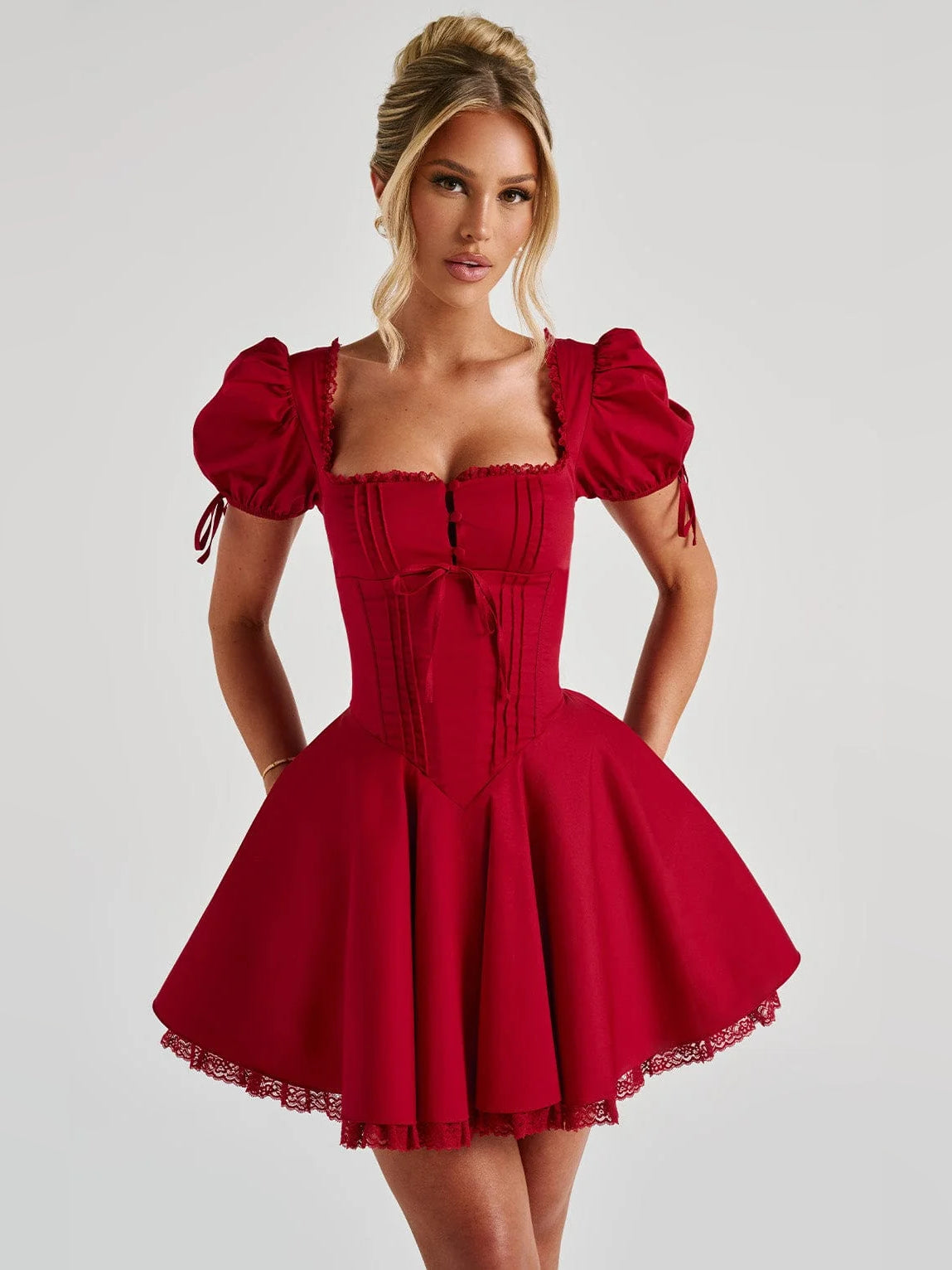 Red mini homecoming dress, alternate view showing the bodice and skirt