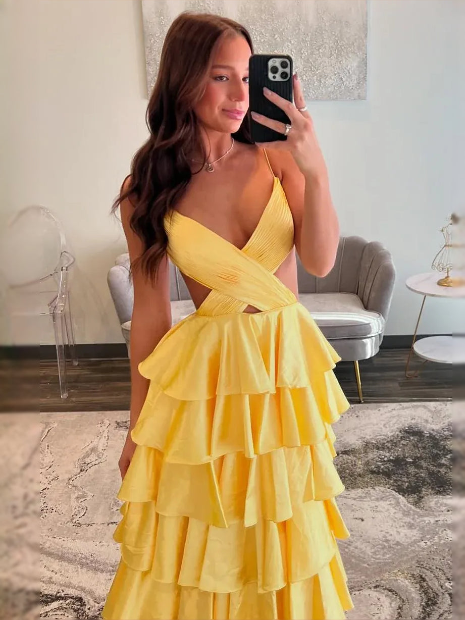 Yellow maxi prom dress, back view showing the rear of the dress