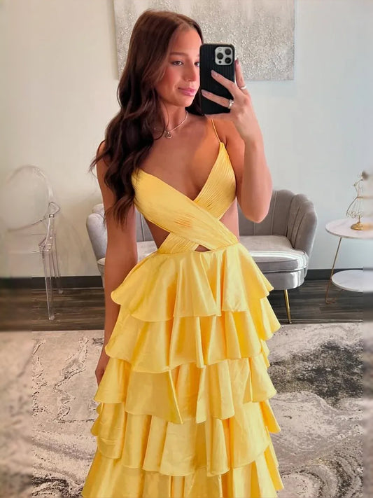 Yellow maxi prom dress, back view showing the rear of the dress