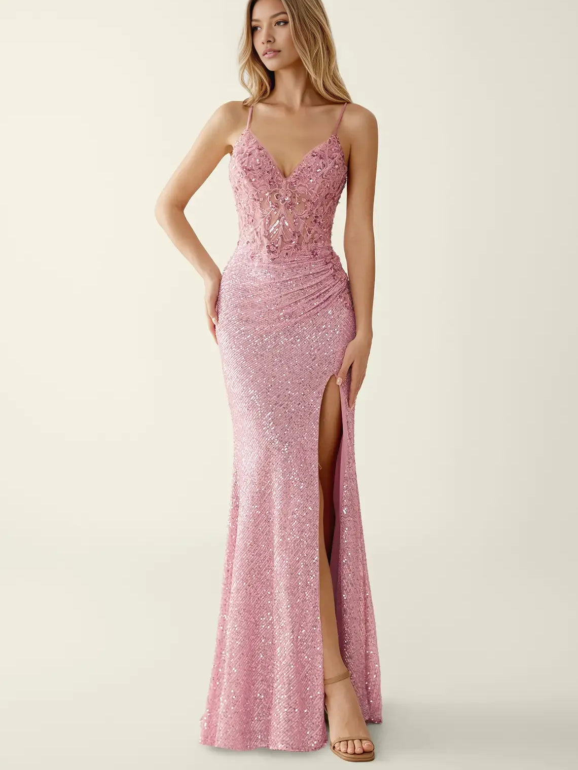 Pink maxi prom dress, close view of the dress design