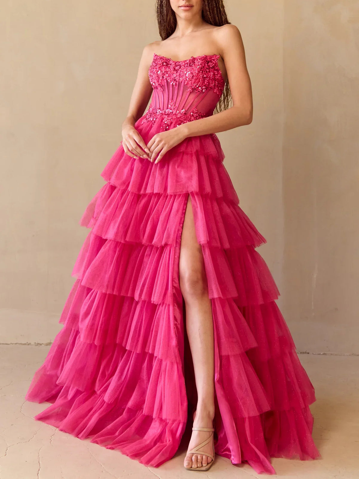 Hot Pink floor-length prom dress, close view of the dress design