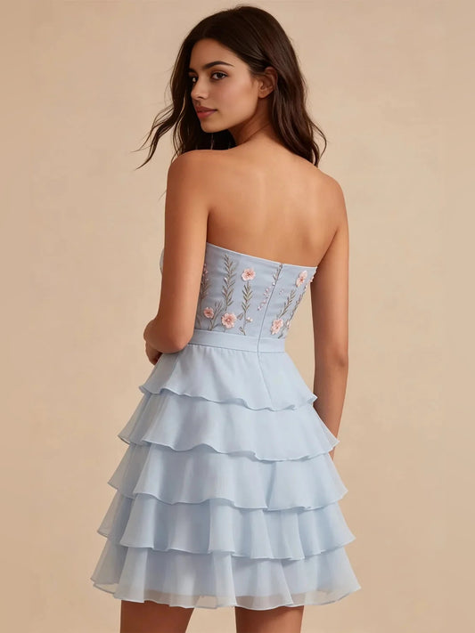 Sky Blue short homecoming dress, back view showing the rear of the dress