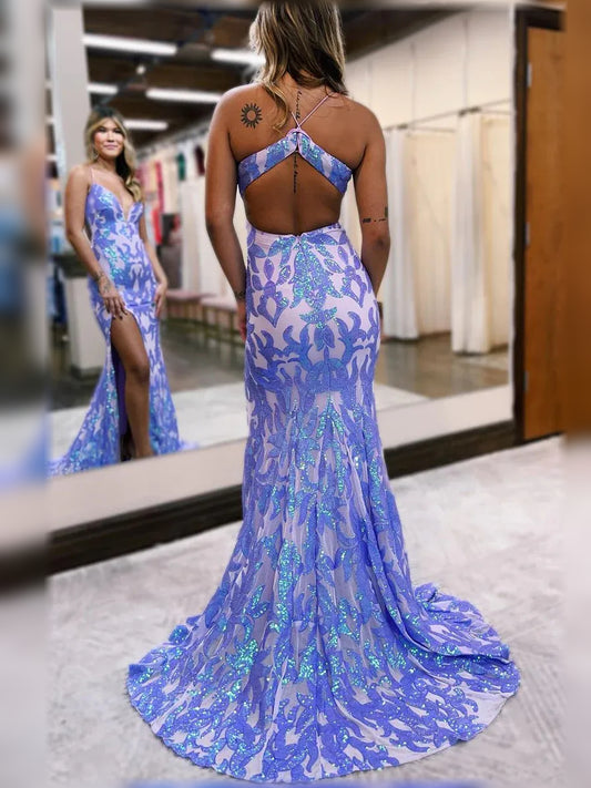 Purple mermaid floor-length formal dress with sequins, alternate view
