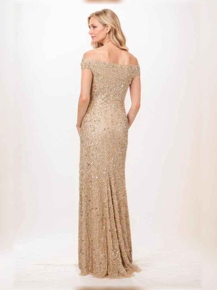 Champagne short mother of the bride dress, alternate view showing the bodice and skirt