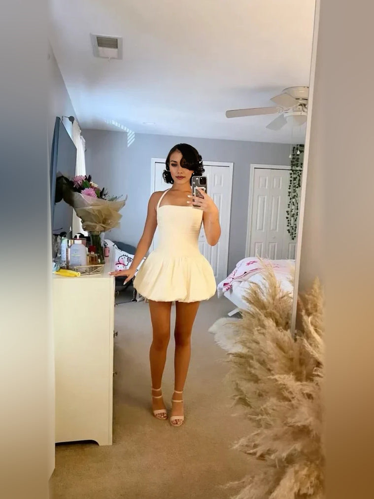 Pale Lemon mini homecoming dress, back view showing the rear of the dress