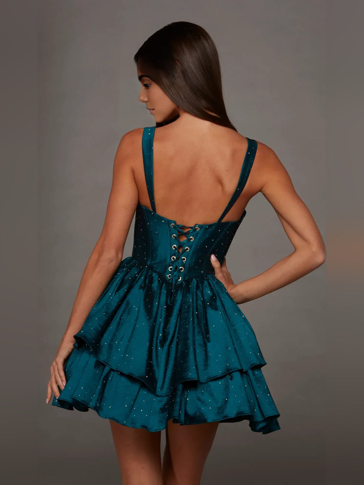 Ink Blue mini homecoming dress, back view showing the rear of the dress