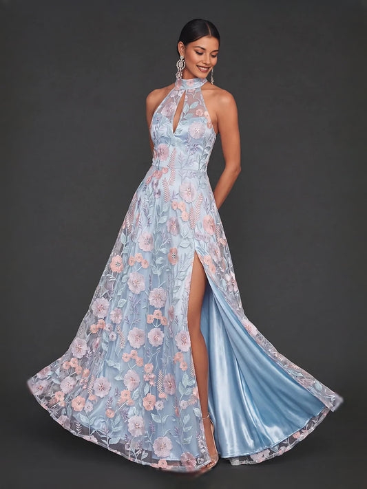 Light Blue maxi prom dress, alternate view showing the bodice and skirt