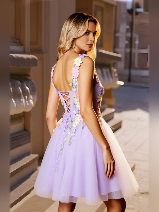 Lilac mini homecoming dress, back view showing the rear of the dress