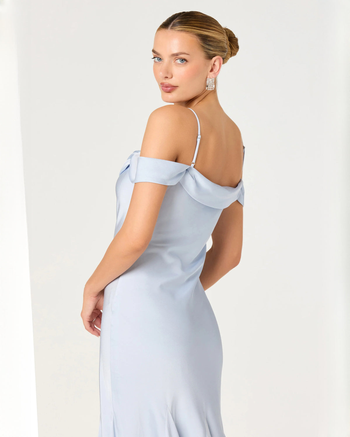 off-shoulder satin a-line midi bridesmaid dress - image 2