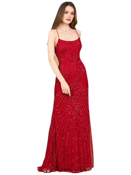 Red mermaid floor-length formal dress with beading, alternate view